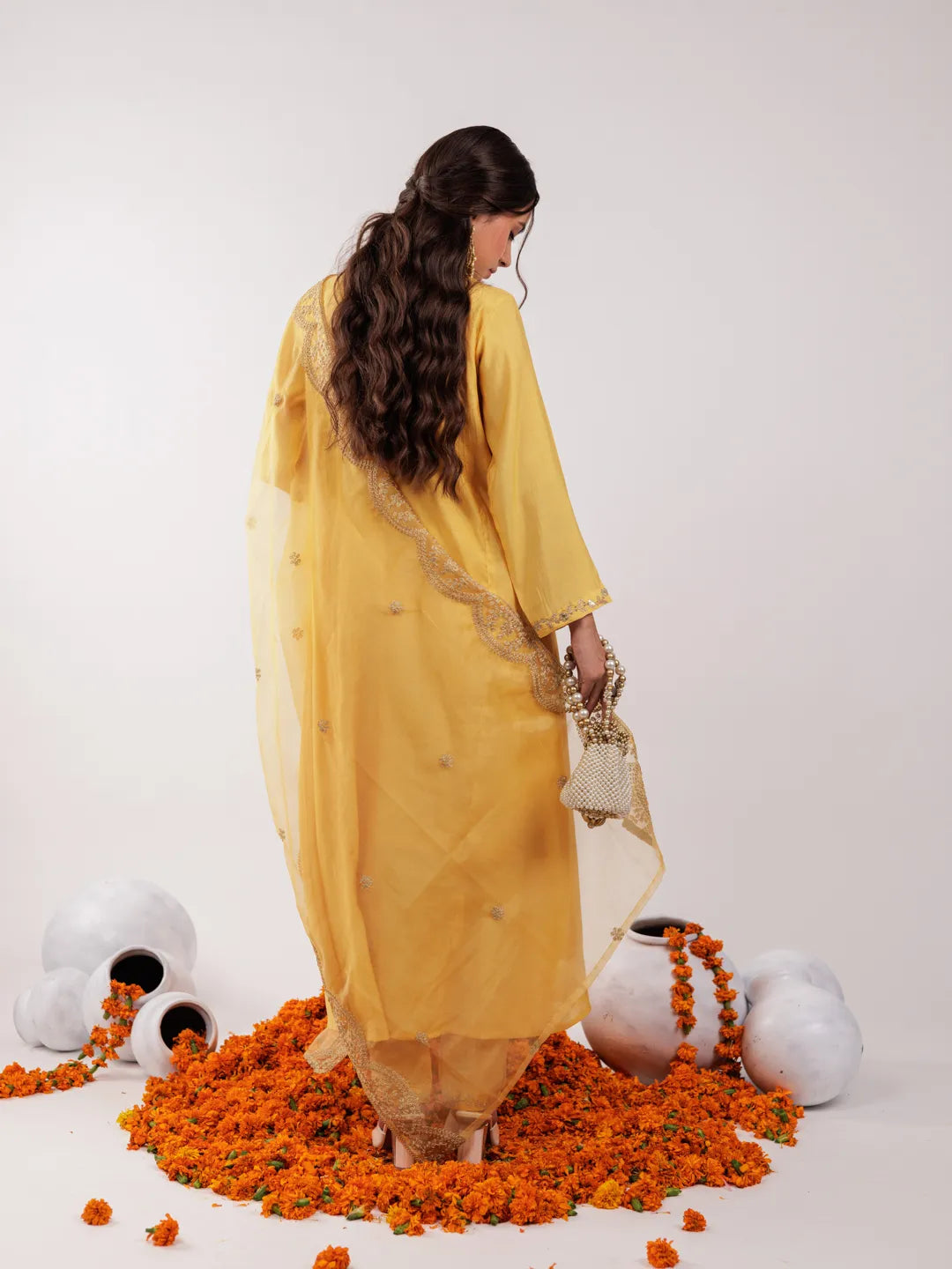 Yufta Yellow Silk Embroidered Kurta Dupatta Set