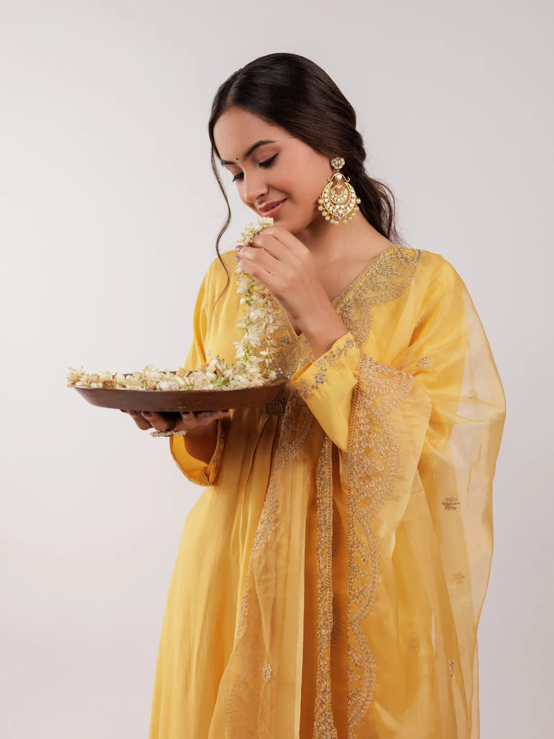 Yufta Yellow Silk Embroidered Kurta Dupatta Set