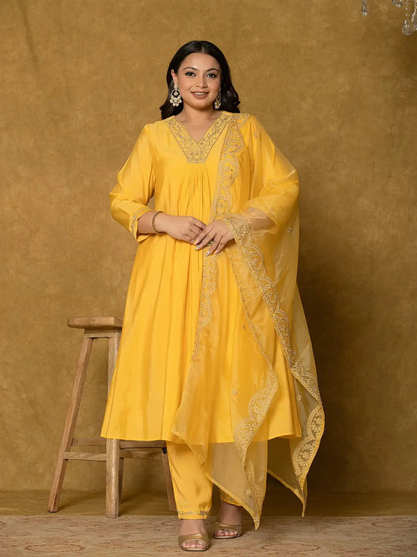 Yufta Yellow Silk Embroidered Plus Size Kurta Dupatta Set