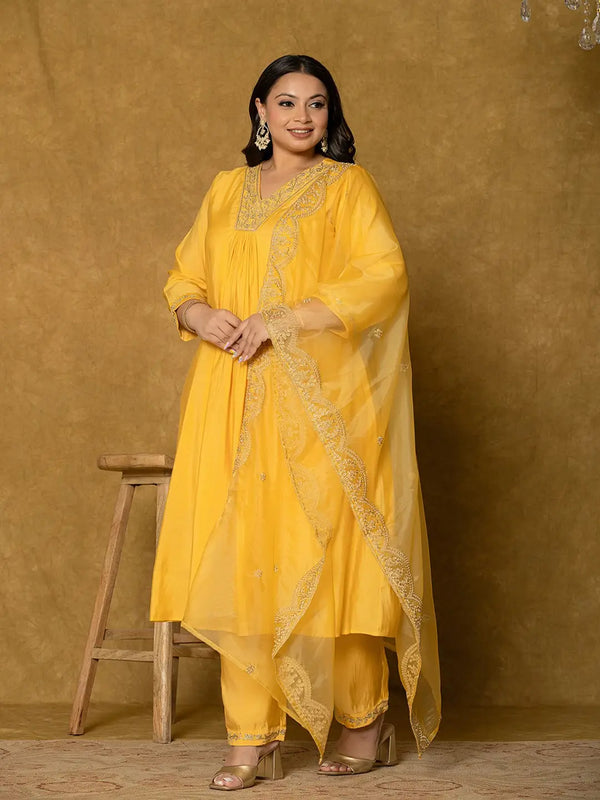 Yufta Yellow Silk Embroidered Plus Size Kurta Dupatta Set
