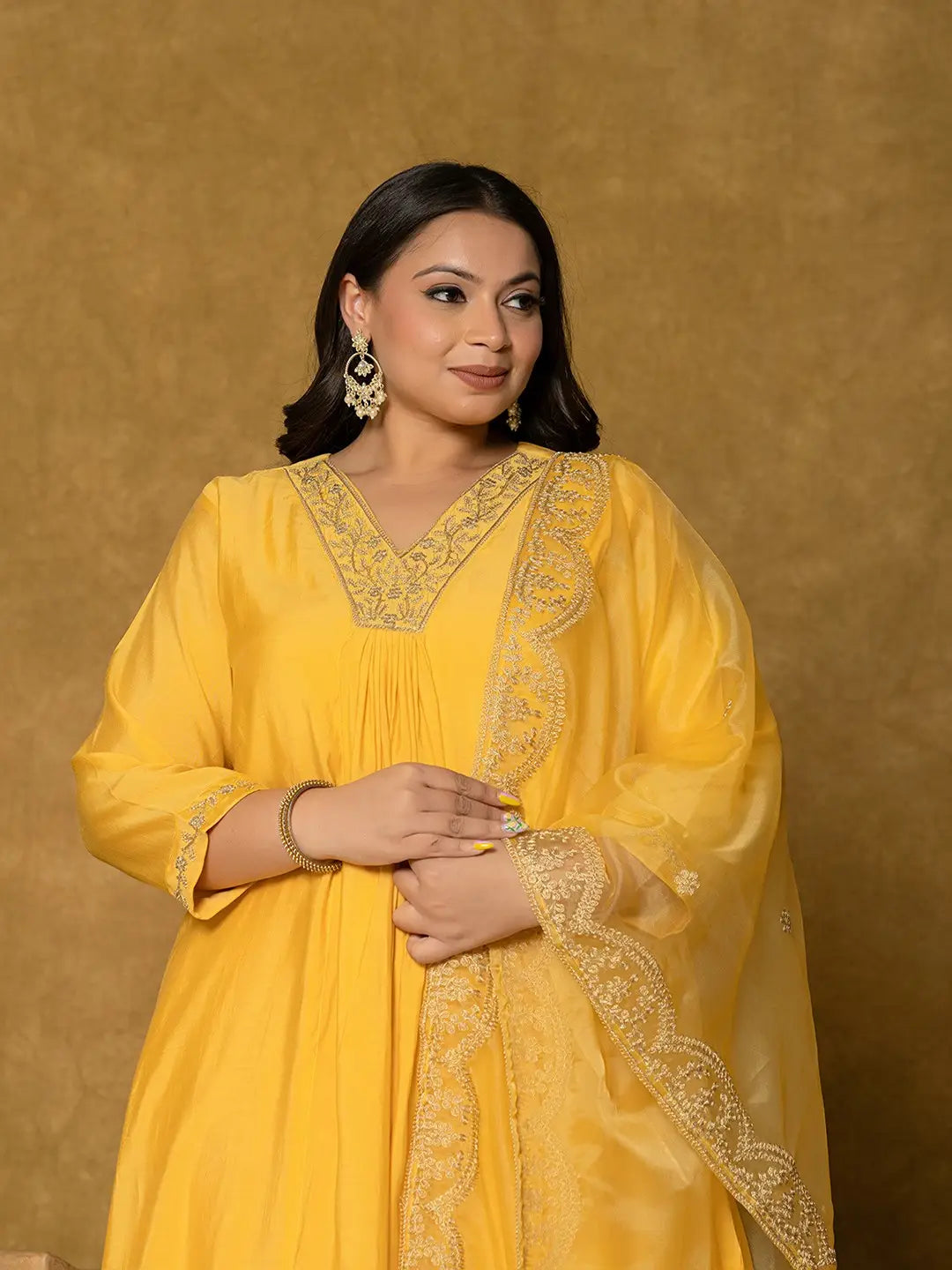 Yufta Yellow Silk Embroidered Plus Size Kurta Dupatta Set