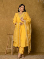 Thumbnail for Yufta Yellow Silk Embroidered Plus Size Kurta Dupatta Set