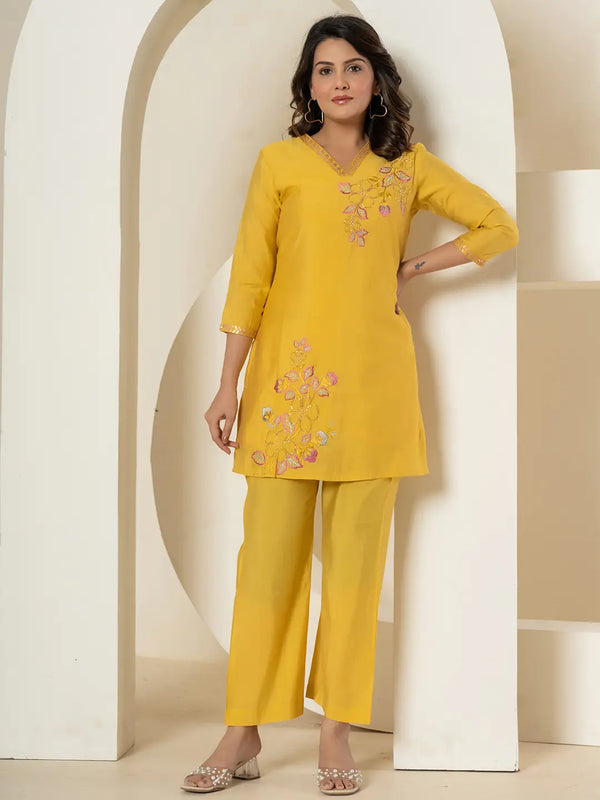 Yufta Yellow Thread_Work Shirt And Trouser Silk Blend Co-Ord Set
