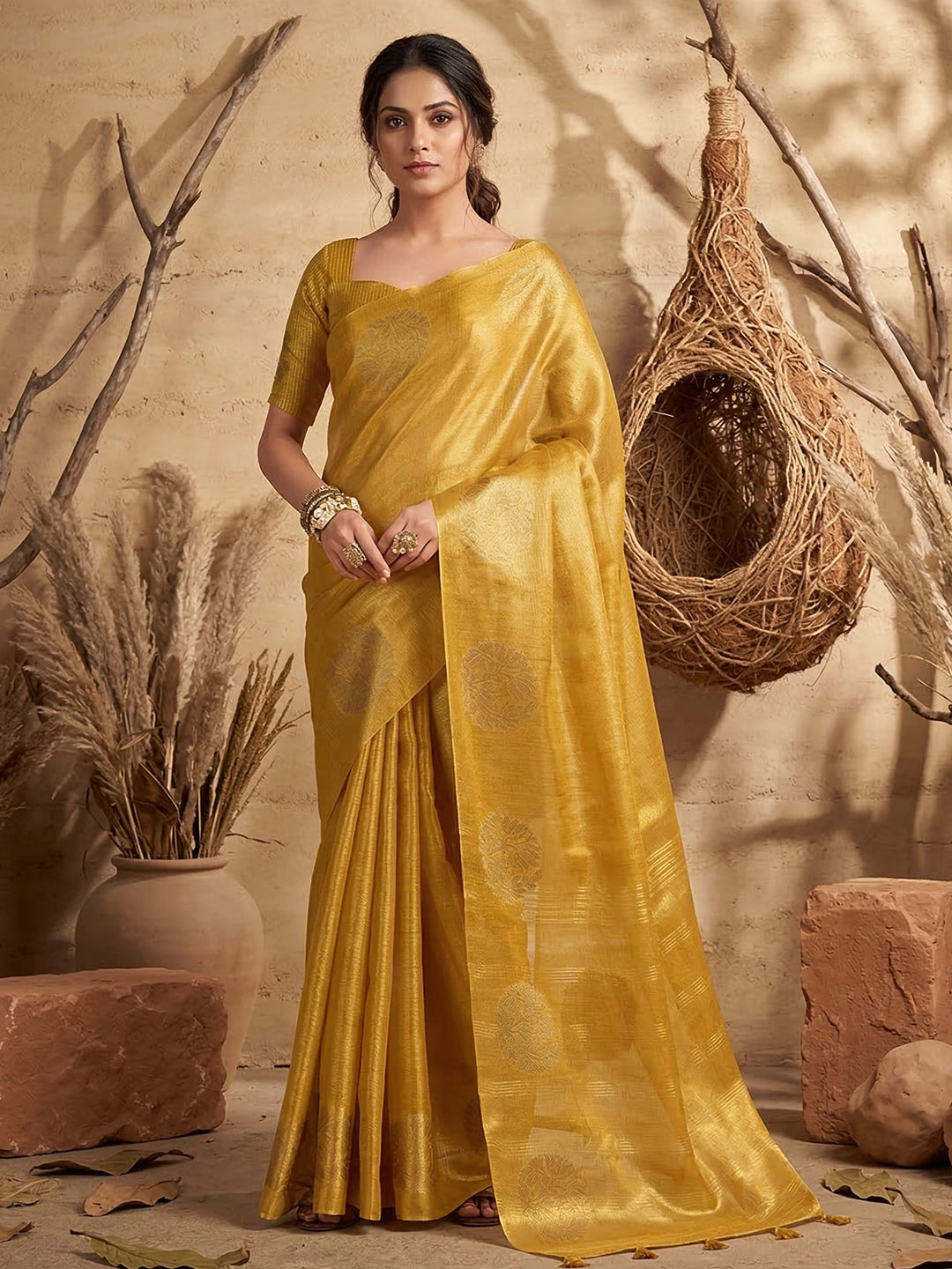 Anaita Yellow Tissue Silk Woven Saree With Blouse - Dista