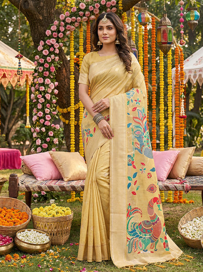 Anaita Yellow Linen Cotton Woven Saree With Blouse - Dista