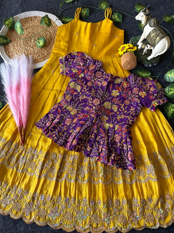 Evanik Designer Yellow Tissue Silk Embroidered Work Gown With koti for Kids - Dista