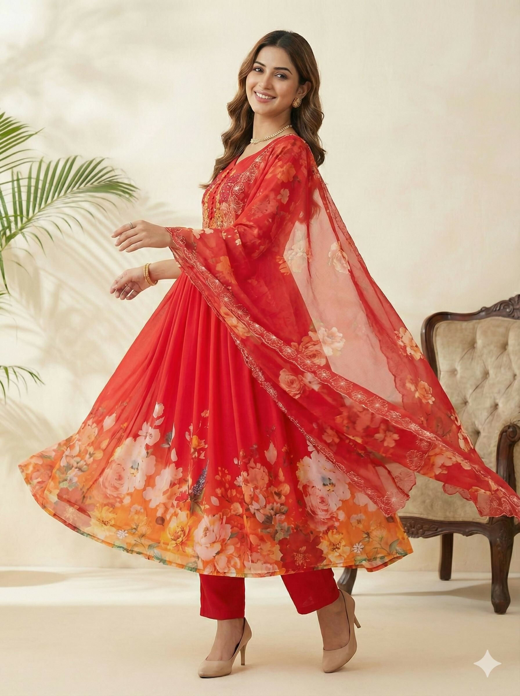 Teeya Creation Womens New Fancy Fox Georgette Heavy Quality Fabricwith Handwork Gown Set - Dista
