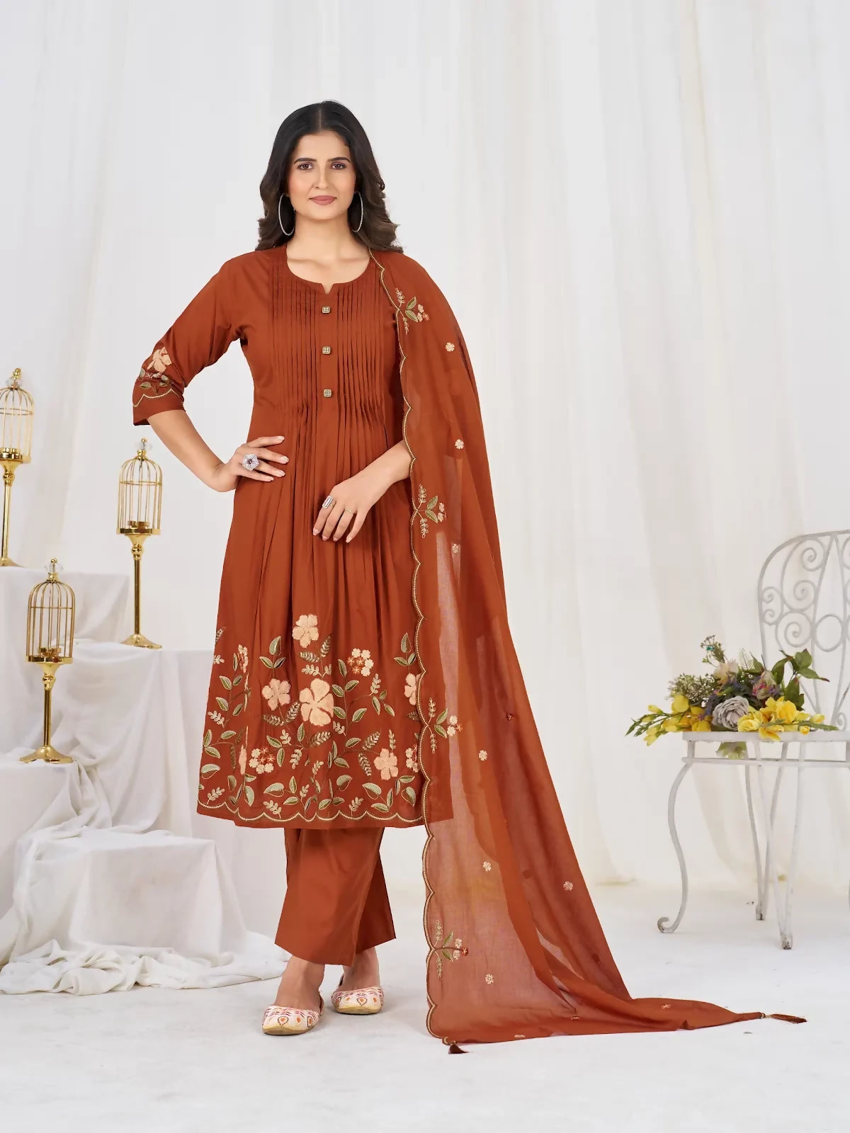 Teeya Creation Orange Women Embroidered Cotton Blend A-Line Kurta Set with Pants and Scalloped Dupatta - Dista