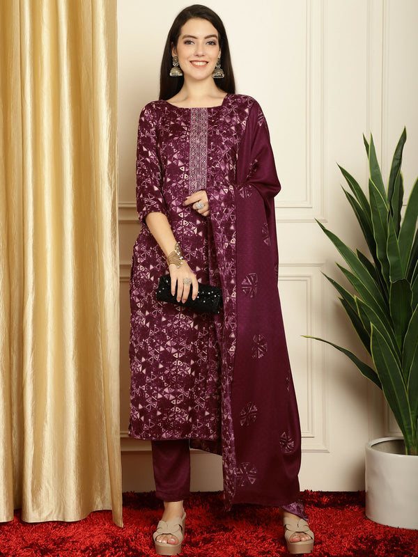 Jyoti Fashion Women's Wine Pashmina Floral Digital Printed Kurta with Trouser & Dupatta - Distacart