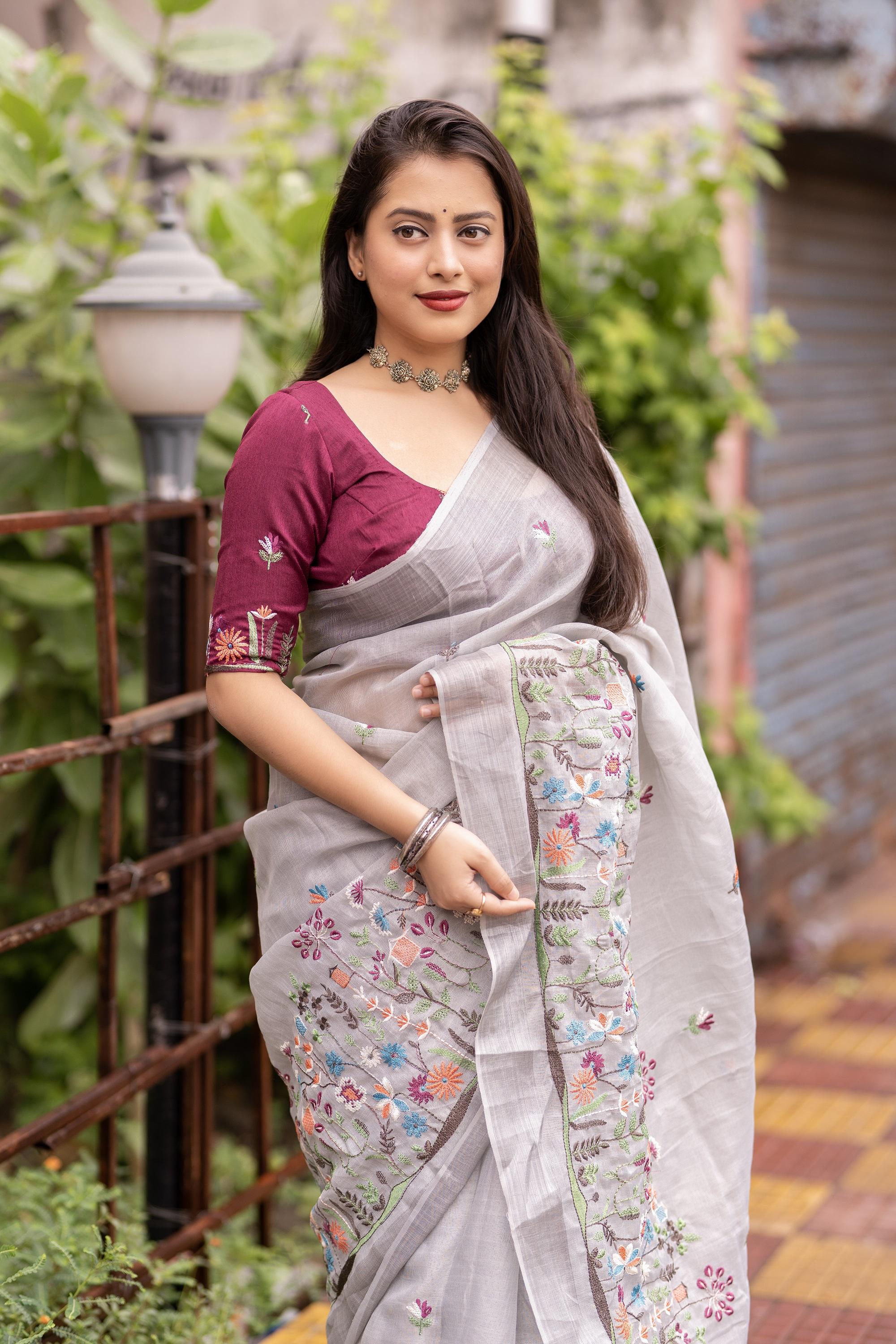 Grey Pure Linen Ethnic Motifs Saree with Unstitched Blouse - Hiral Fashion - Distacart