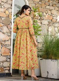 Thumbnail for Kaajh Women's Mustard Printed Cotton Handblock Dress - Distacart