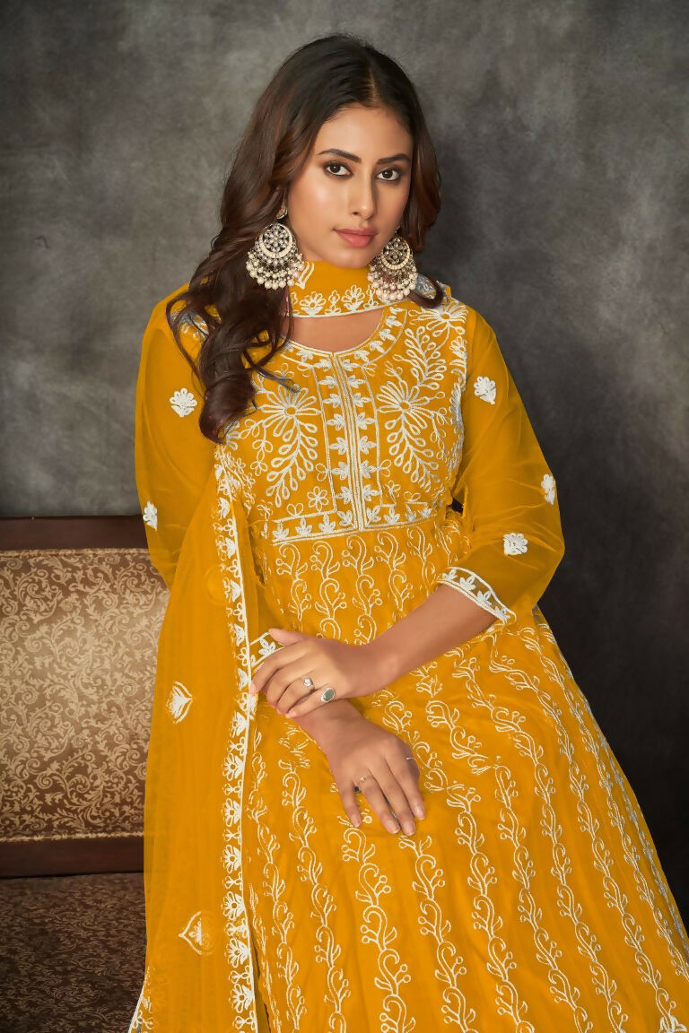 Jyoti Fashion Women's Yellow Net Embroidered Anarkali Kurta Pant Set With Dupatta - Distacart