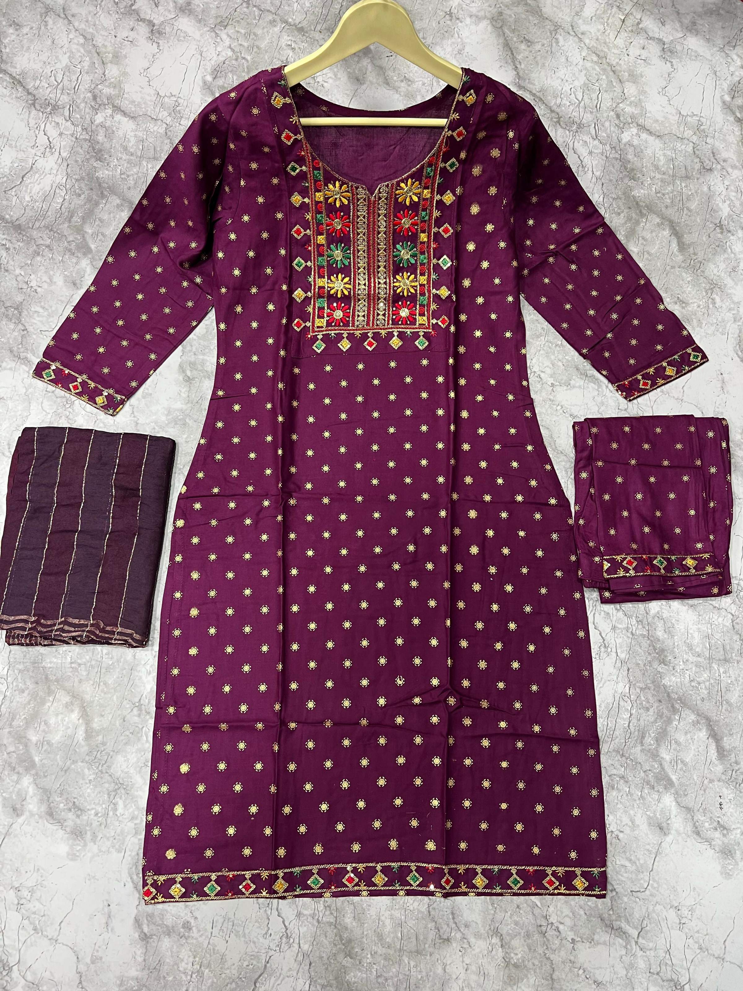 Jyoti Fashion Women's Wine 14KG Rayon Foil Print with Embroidery Kurta Set - Distacart