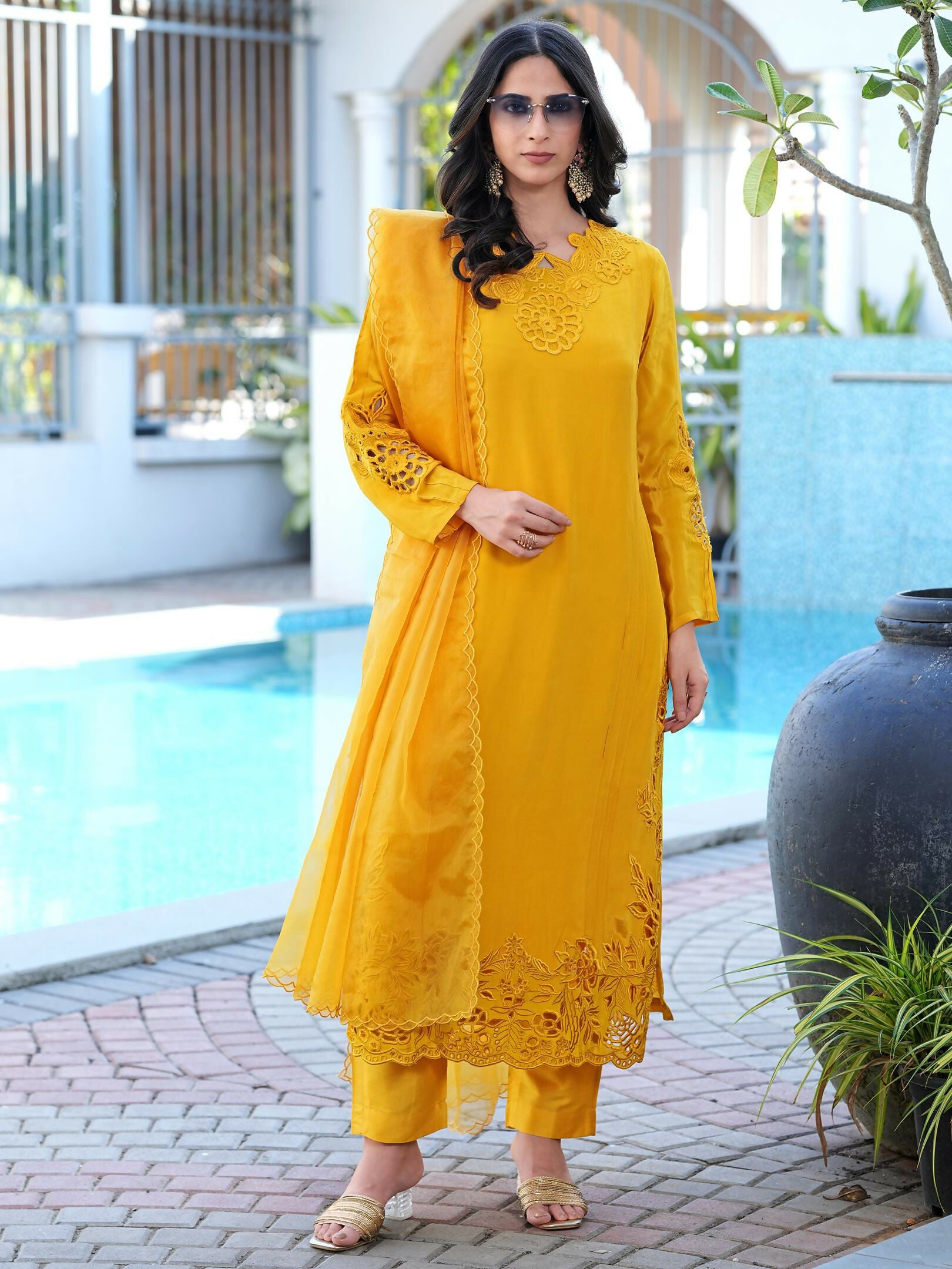 Nikhaar Yellow Embroidered Art Silk Stitched Straight Cut Kurta Pants Dupatta Readymade Suit - Dista