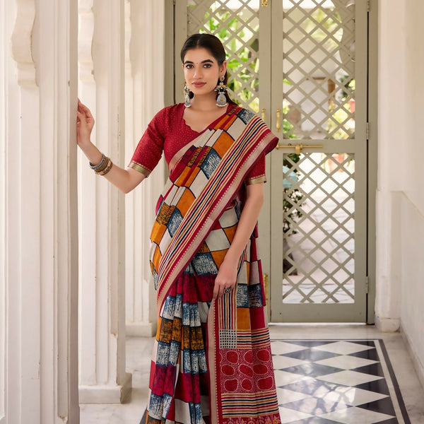 Vastranavya Maroon Viscose Chanderi Printed with Temple Border Saree & Unstitched Blouse - Distacart