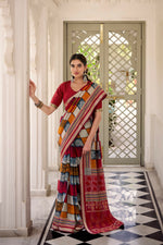 Thumbnail for Vastranavya Maroon Viscose Chanderi Printed with Temple Border Saree & Unstitched Blouse - Distacart