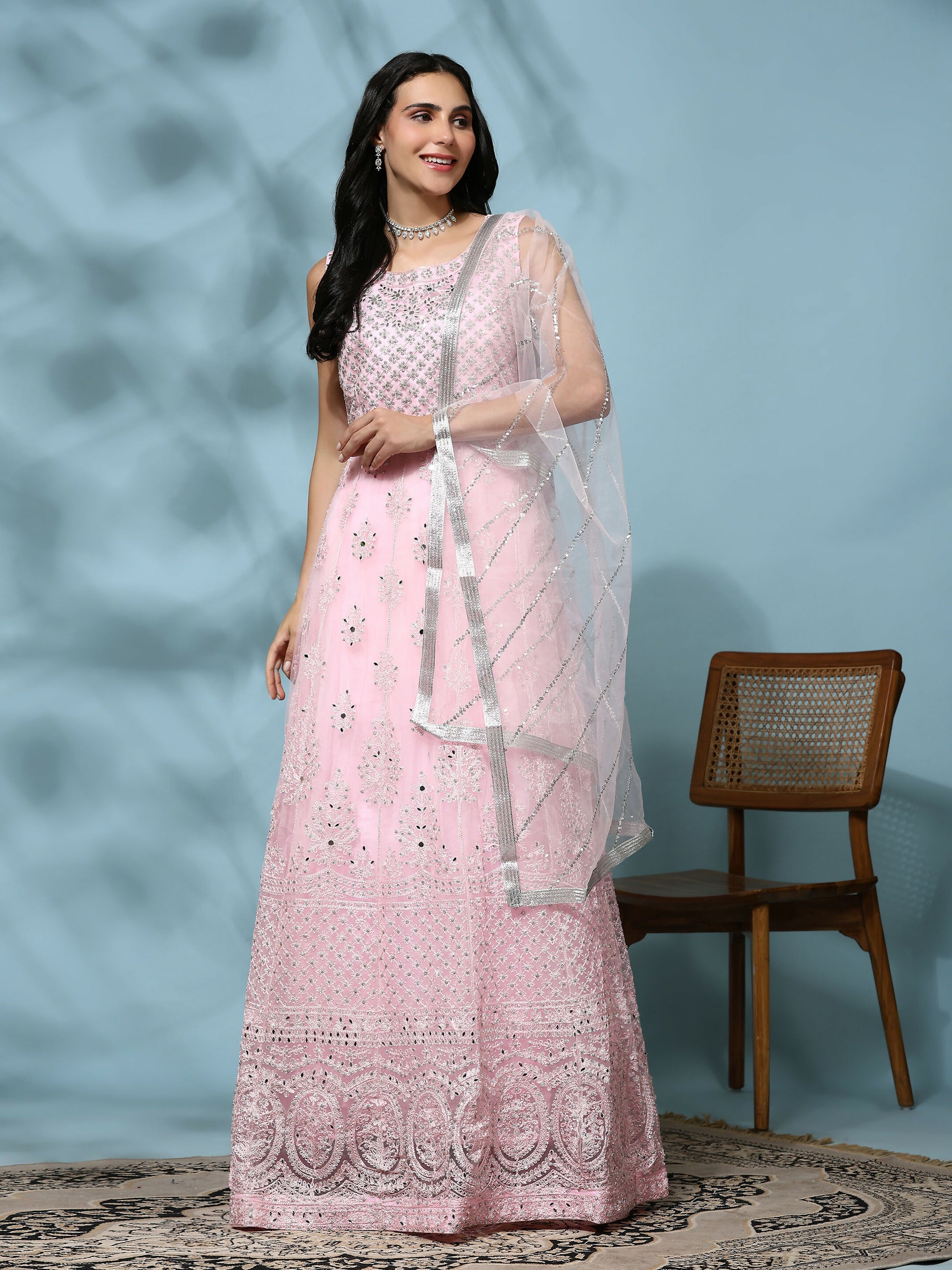 Pink Net Hand Embroidered Gown - Rudrani - Distacart