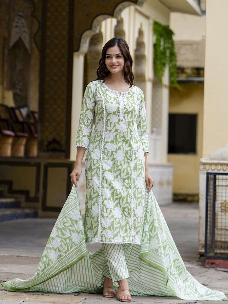 Anouk Floral Embroidered Regular Pure Cotton Straight Kurta with Trouser & Dupatta - Distacart