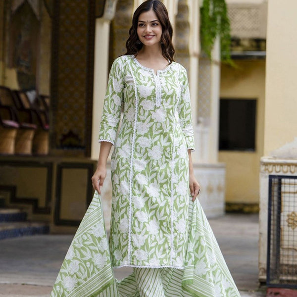 Anouk Floral Embroidered Regular Pure Cotton Straight Kurta with Trouser & Dupatta - Distacart