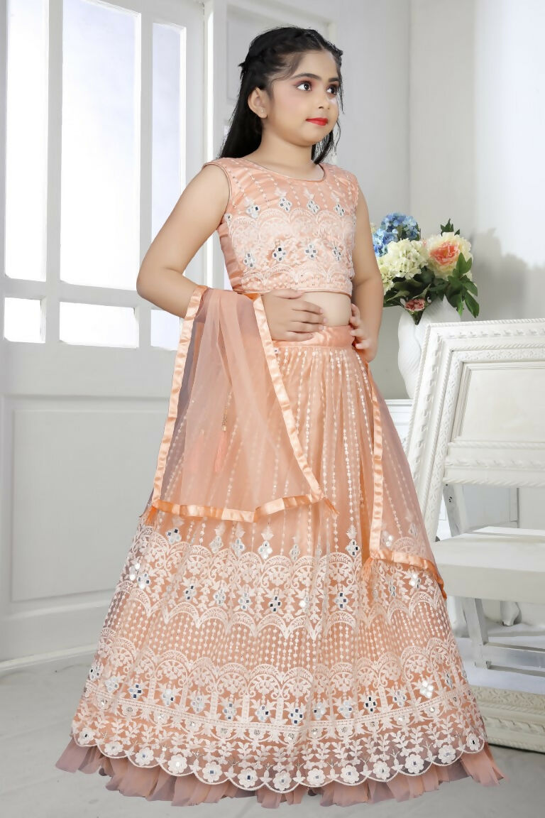 Wedding Designer Peach Net Kidswear Lehenga - Aaradhna - Distacart