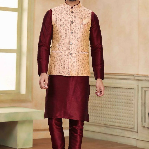 Raivat Ethnic Jacquard Banarasi Silk Woven Work 3 Pics Jacket Set In Beige Maroon Colour - Distacart