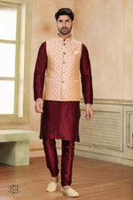 Thumbnail for Raivat Ethnic Jacquard Banarasi Silk Woven Work 3 Pics Jacket Set In Beige Maroon Colour - Distacart