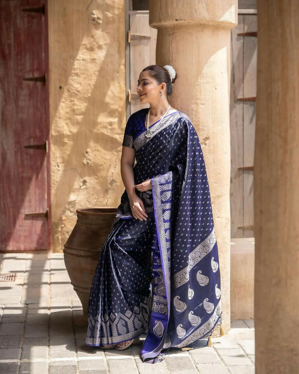 Preksha Creation Indian Style Banarasi Soft Silk Women Saree - Dark Blue - Distacart