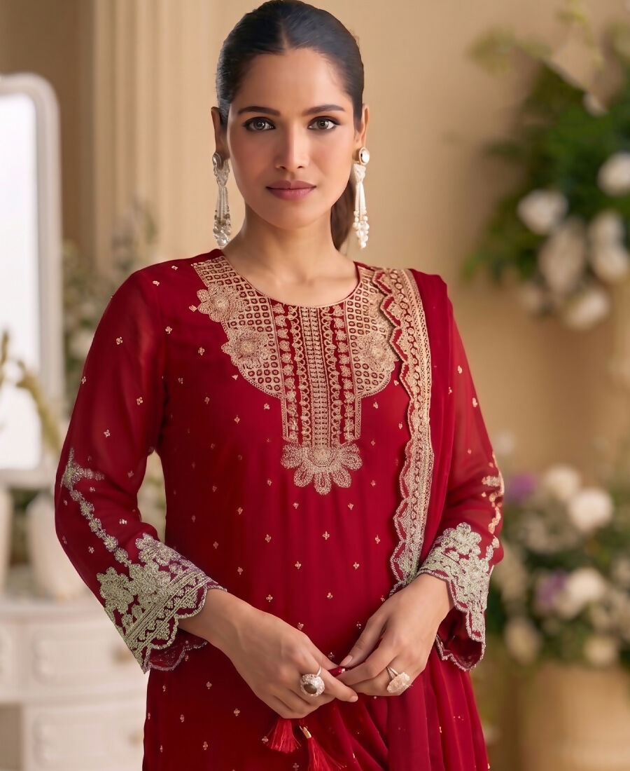 KC New Georgette Short Salwar Kameez Pakistani Style Red - Dista