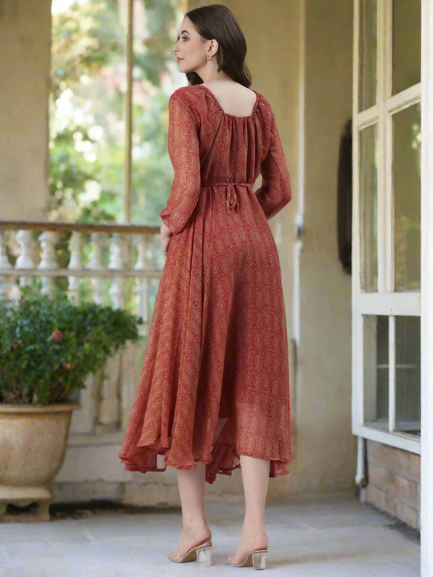 Souchii Rust Orange Printed Fit & Flare Dress