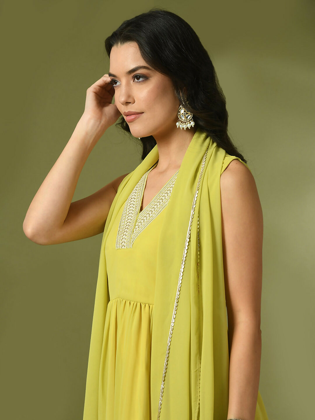 Myshka Women's Yellow Solid Georgette Anarkali Party Kurta Set With Dupatta - Distacart