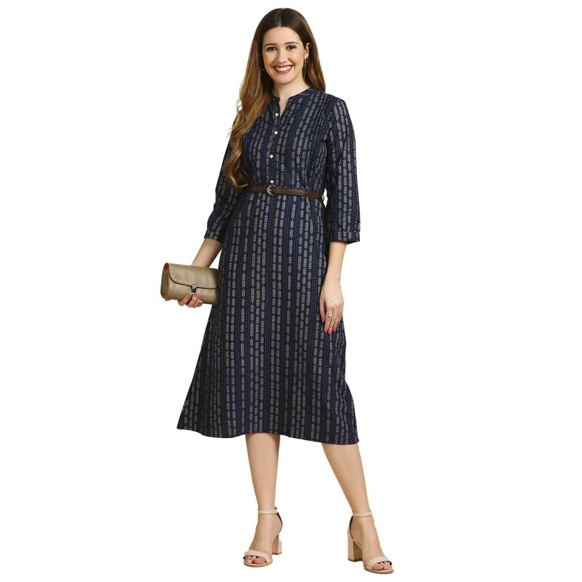 Anubhutee Women's Cotton A-Line Midi Casual Navy Blue Dress - Distacart