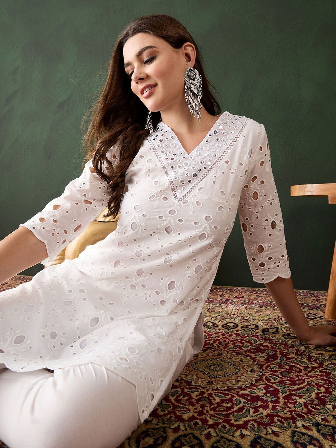 Sangria White Floral Embroidered V-Neck Mirror Work Pure Cotton Kurta with Trousers - Distacart