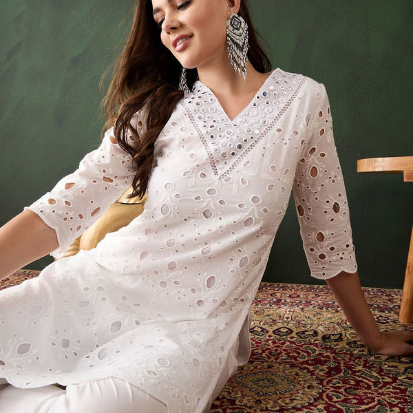 Sangria White Floral Embroidered V-Neck Mirror Work Pure Cotton Kurta with Trousers - Distacart
