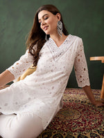 Thumbnail for Sangria White Floral Embroidered V-Neck Mirror Work Pure Cotton Kurta with Trousers