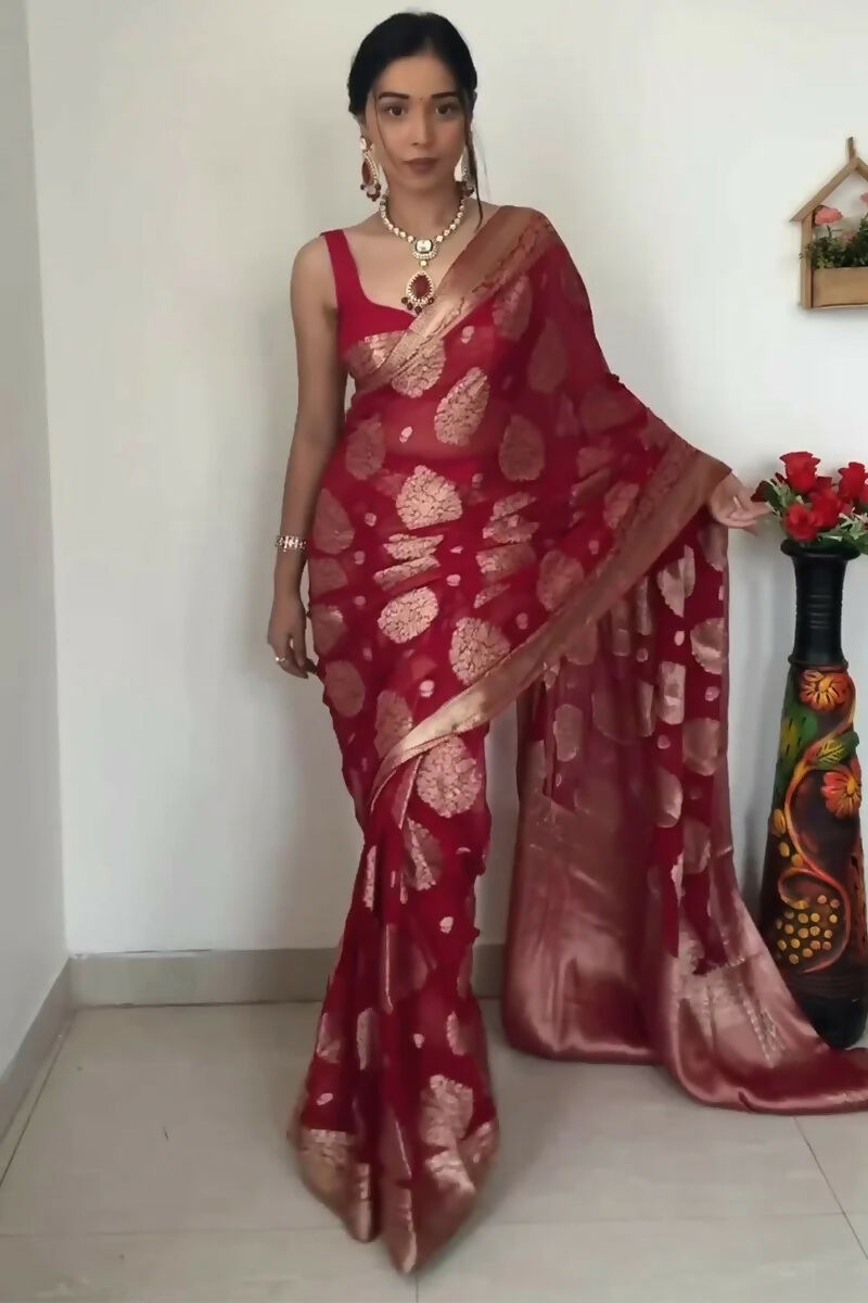 Malishka Cotton Silk Jacquard Ready To Wear Saree With Blouse Piece - Red - Distacart