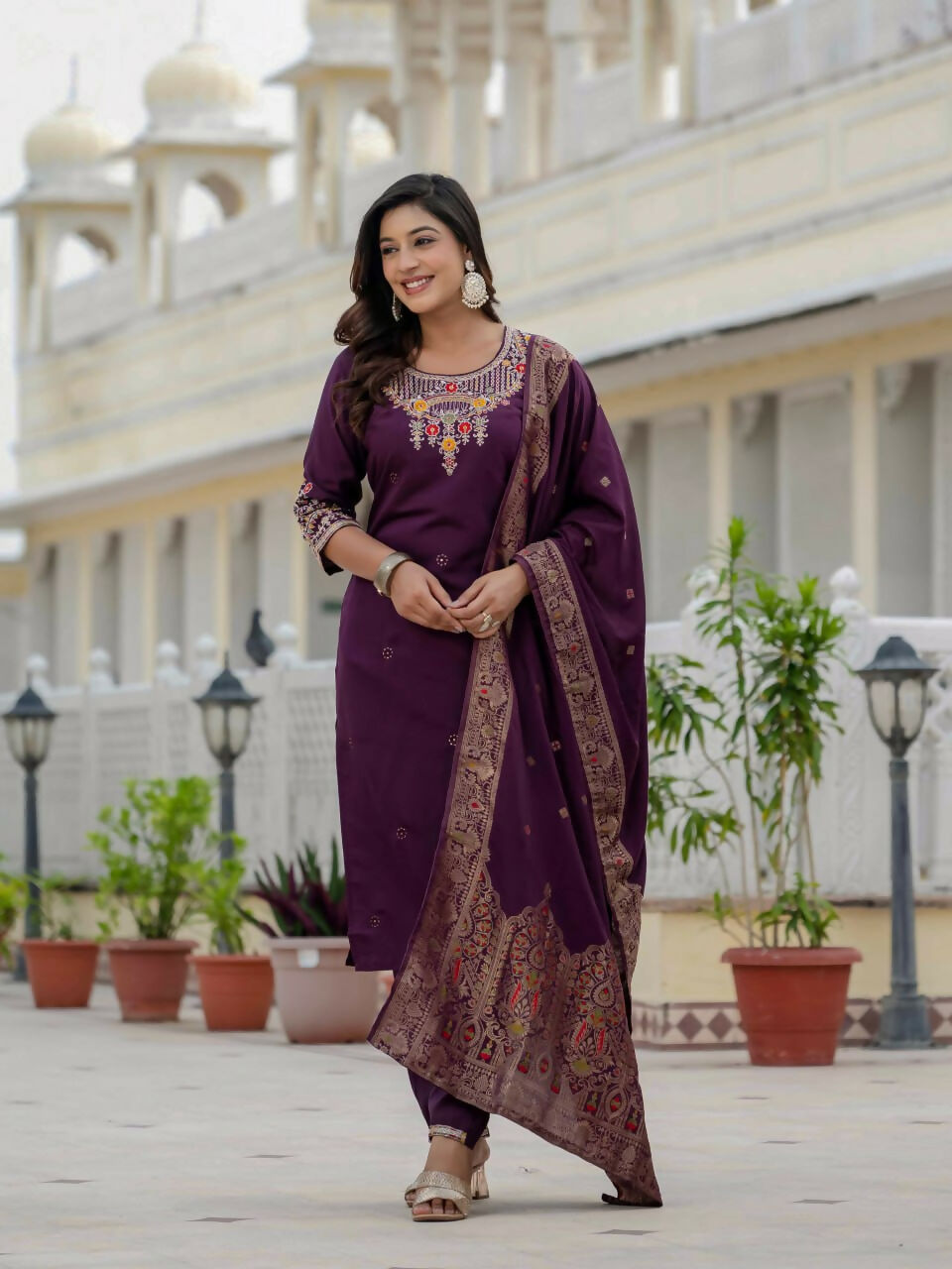 Preksha Creation Wedding Special Premium Roman Silk Coding Embroidery With Sequins Work Kurti Dupatta With Pant