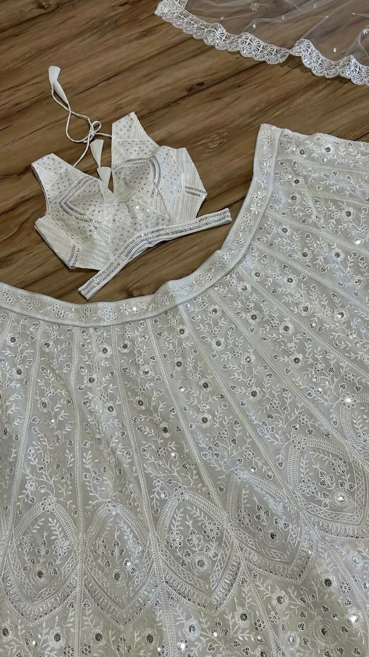 Jyoti Fashion Women's Off White Georgette Codding Thread with Sequins Embroidered Designer Lehenga Choli Set - Distacart