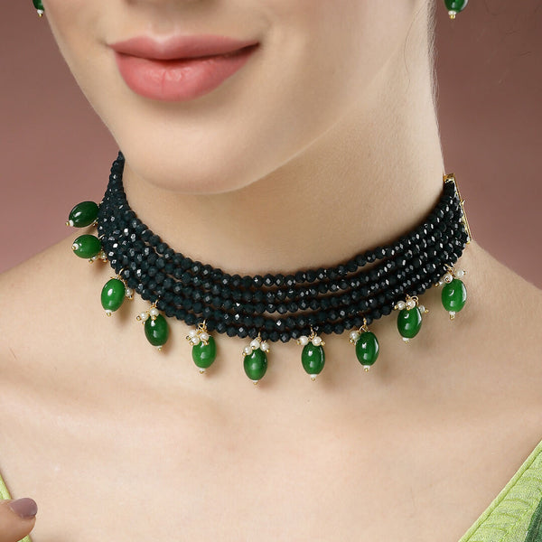 NVR Women's Green Artificial Beads Layered Necklace with Drop Earring - Distacart