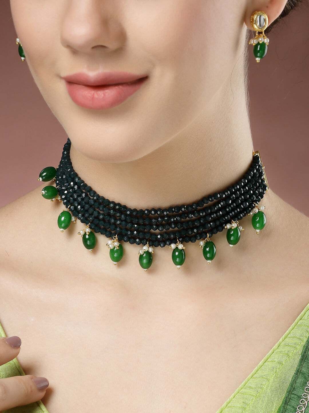 NVR Women's Green Artificial Beads Layered Necklace with Drop Earring - Distacart
