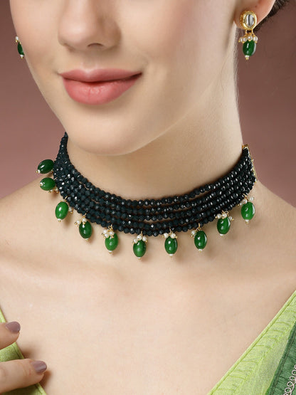 NVR Women's Green Artificial Beads Layered Necklace with Drop Earring - Distacart