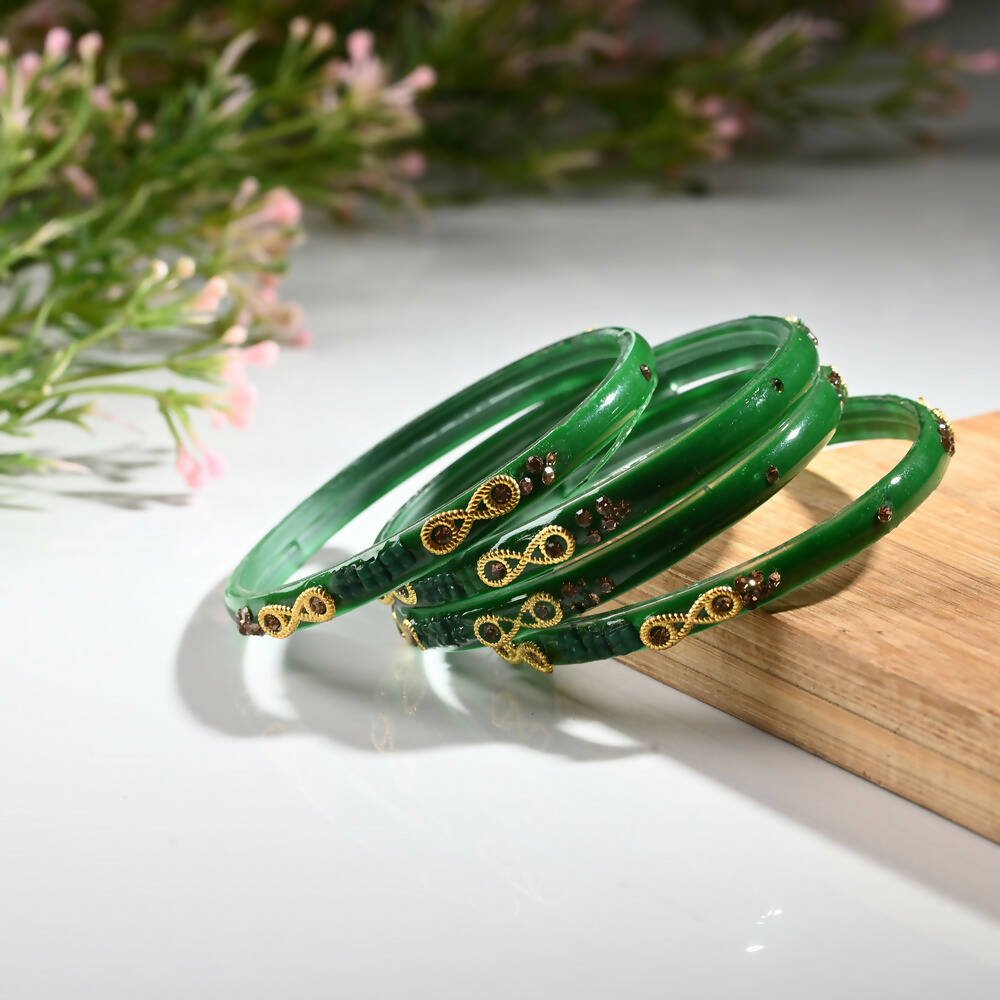 Afast Designer Fancy Party Bangle/ Kada Set, Green, Glass, Pack Of 4 - Distacart