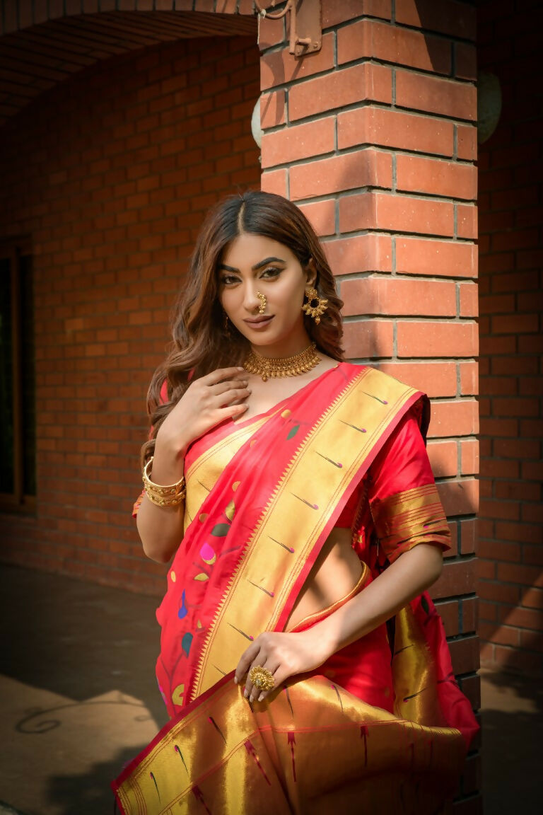 Jyoti Fashion Women's Gajri Red Paithani Silk Zari Woven Saree with Blouse - Distacart