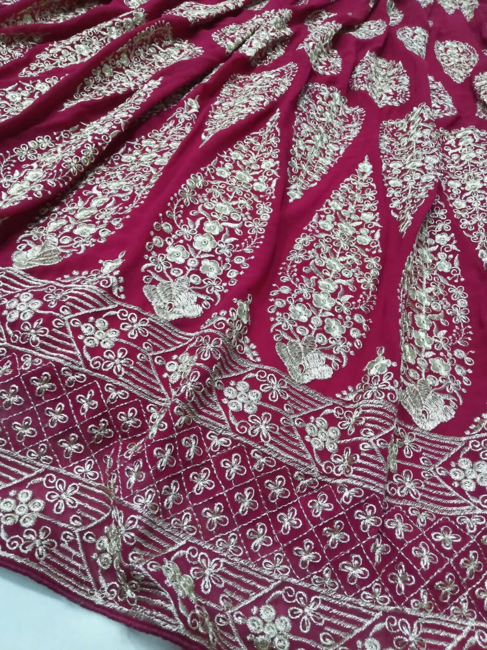 Jyoti Fashion Graceful Cherry Red Faux Georgette Jari Embroidery Lehenga Choli with Dupatta - Distacart