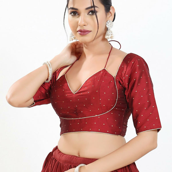 Joban Fashion Maroon Brocade Padded Blouse With Sweetheart Neck Elbow Sleeves - Distacart