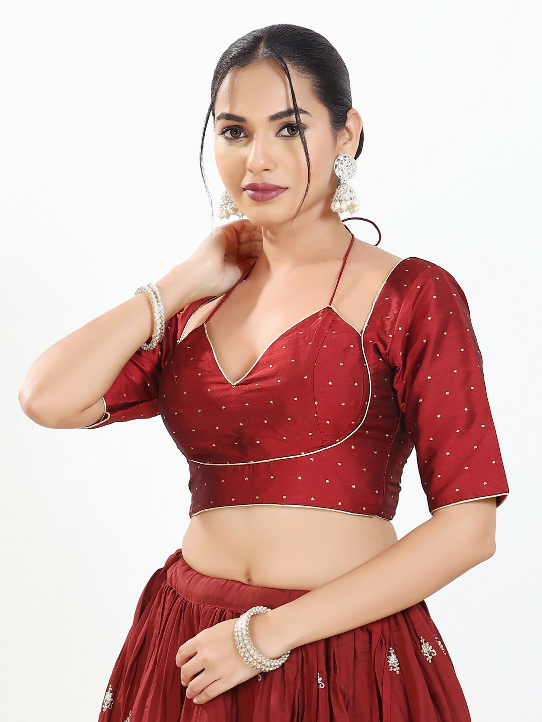 Joban Fashion Maroon Brocade Padded Blouse With Sweetheart Neck Elbow Sleeves