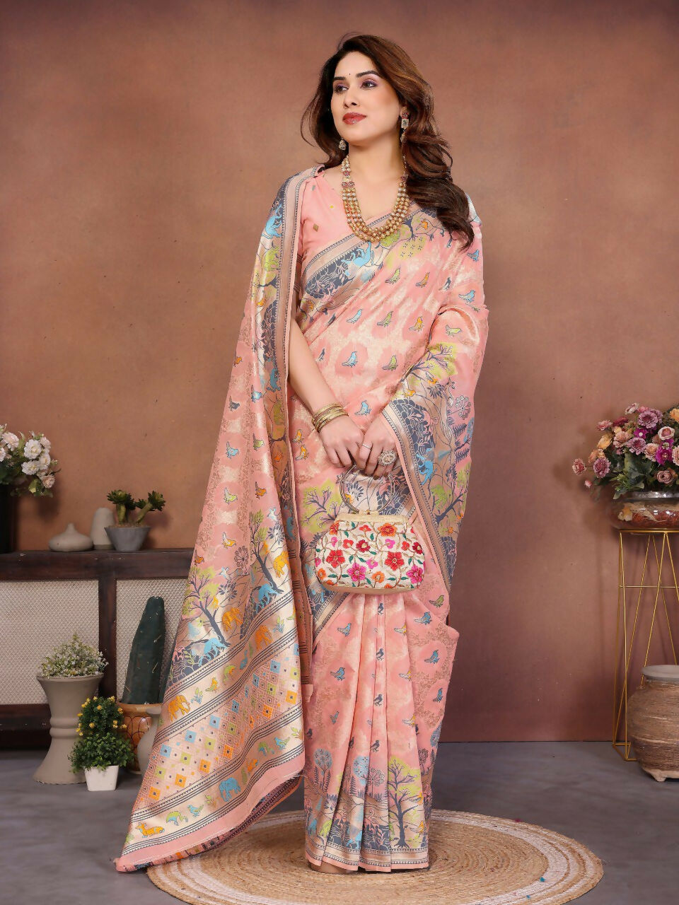 Teeya Creation New Latest Trendy Wedding Wear Pashmina Silk Saree-Peach - Dista