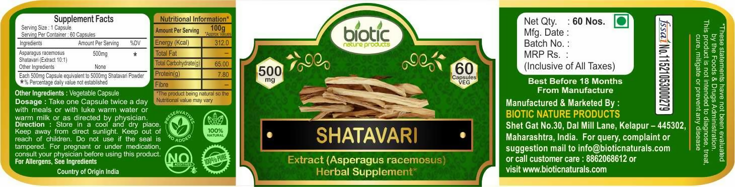 Biotic Shatavari Capsules For Women & Men - Distacart