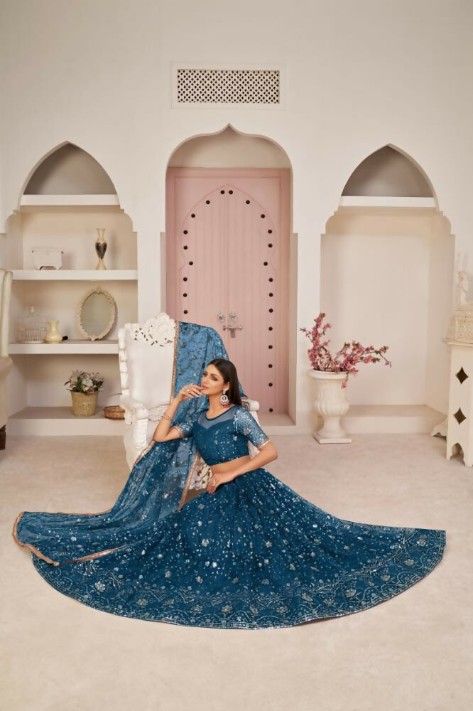 Aastha Fashion More Peach Butterfly Net All Over Thread Work, Zari Work And Sandwich Sequence Work Embroidery Wedding Wear Lehenga Choli - Distacart