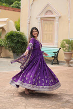 Thumbnail for Preksha Creation Indian Festival Special Women Chinon And Sequins Embroidered Work Gown With Dupatta - Purple - Distacart