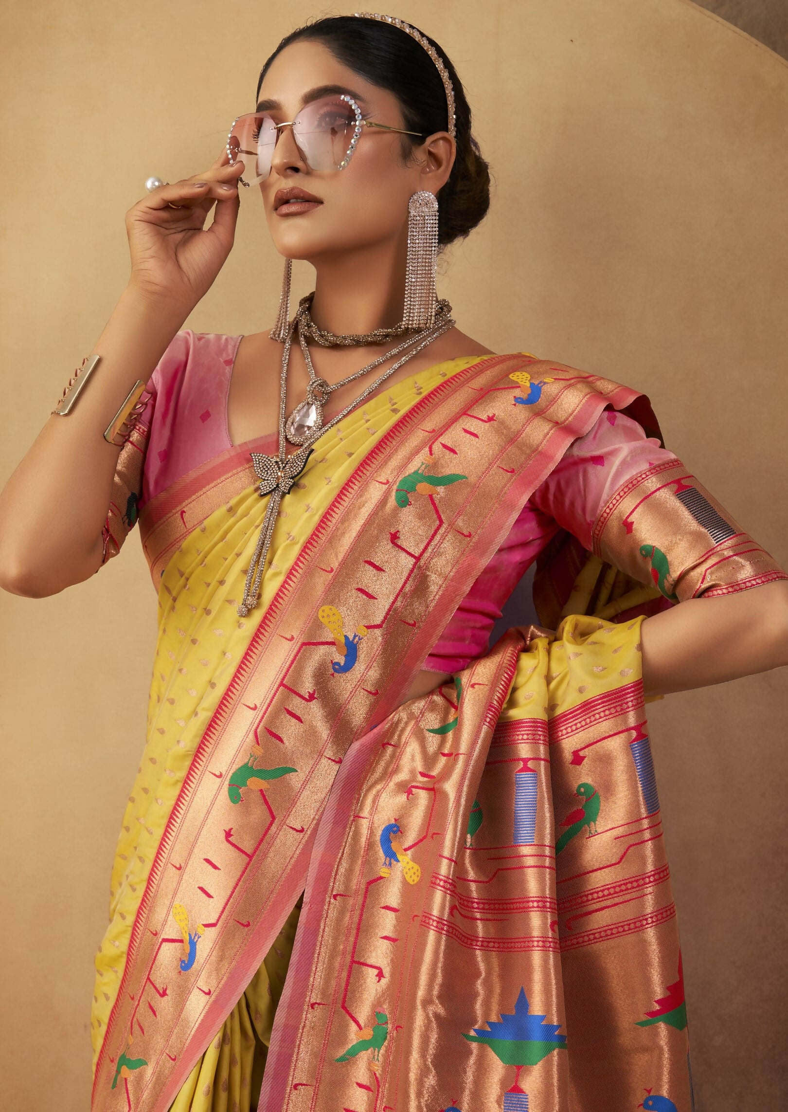 Vishnu Weaves Women's Yellow Paithani Silk Saree with Blouse - Distacart